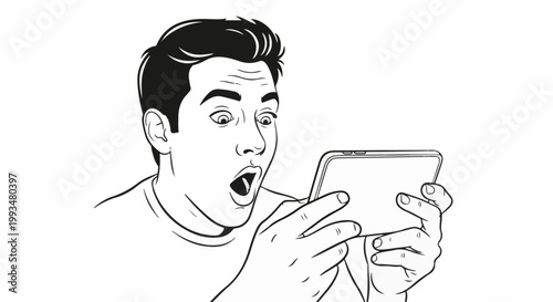 Man with surprised expression looking at a digital device