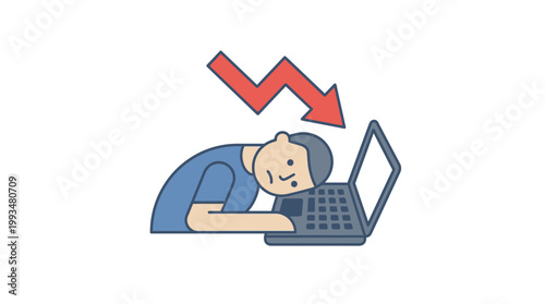 Sad businessman resting head on laptop with downward arrow vector