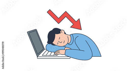 Stressed businessman sleeping on laptop with red downward arrow