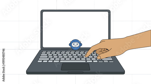 Hand interacting with AI chatbot on a laptop keyboard illustration