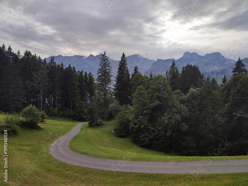 Winding mountain road through forest with alpine peaks and dramatic cloudy sky scenic landscape view