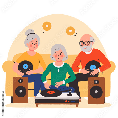 Elderly people enjoying music while sitting on a sofa with records. Elderly set   