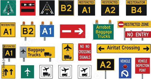 Airport signs organize terminal traffic zones.