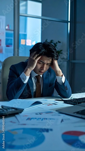 A man in a suit sits at a desk, stressed (1)