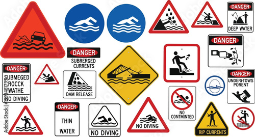Water danger signs indicate aquatic hazards.