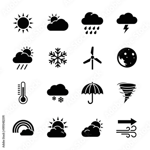 Minimalist black and white weather icon set featuring sun, clouds, rain, snow, and various meteorological conditions.