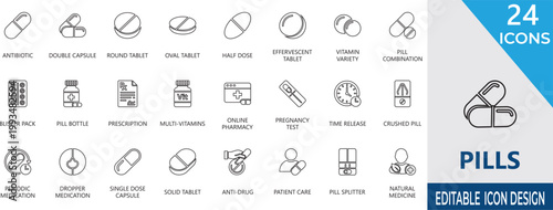 Pills  Icon Set of  vitamins, pharmacy, drugs, wellness, capsules, and more editable line icon.