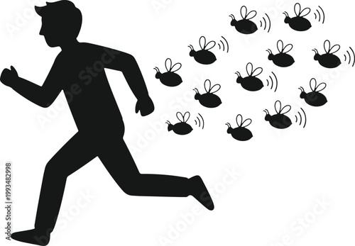 Man running from swarm of flying insects vector illustration isolated on transparent background.