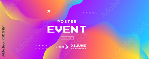 Vibrant abstract liquid background with flowing wavy shapes in neon pink blue and orange colors. Energetic festival backdrop