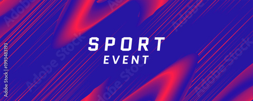 Sport event banner with red and blue gradients diagonal speed lines and fluid organic shapes on a deep blue background