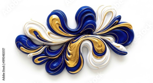 Abstract artistic blue white and gold swirling shapes forming a flowerlike design on a plain white surface