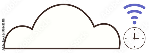 Cloud storage, technology, internet access, time tracking, digital communication, wireless connection. Cloud outline with a clock and wireless symbol. Cloud storage and technology