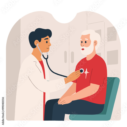Doctor examining elderly man with stethoscope in clinic setting. Elderly set   