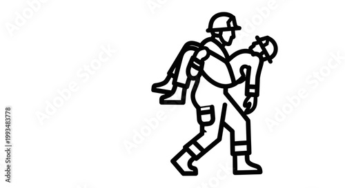 Firefighter Carrying Injured Person Rescue Icon - Line Art