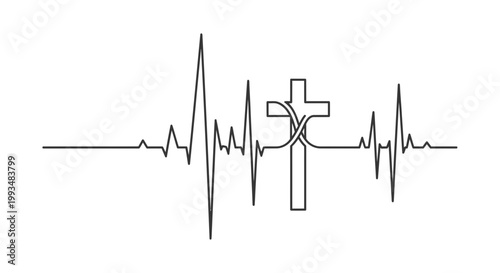 Christian Cross Heartbeat Line Art, Faith and Life Symbol, Religious Concept