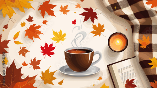 Autumn leaves, cozy ambiance, steaming coffee cup, warm blankets, soothing home setting