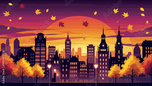 Autumn city skyline at sunset with colorful trees and falling leaves