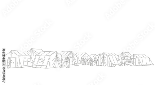 Emergency Refugee Camp Line Art Illustration: Tents, Medical Tent, People, and Vehicle