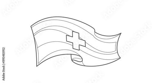Medical Red Cross Flag Waving Outline Icon