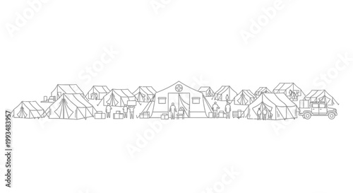 Illustration of a refugee camp with tents, people, and a vehicle.