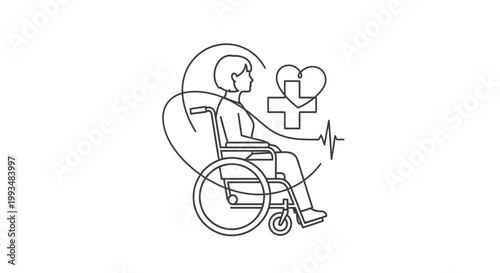Patient in Wheelchair with Medical Heart and Pulse Line Icon - Healthcare Concept