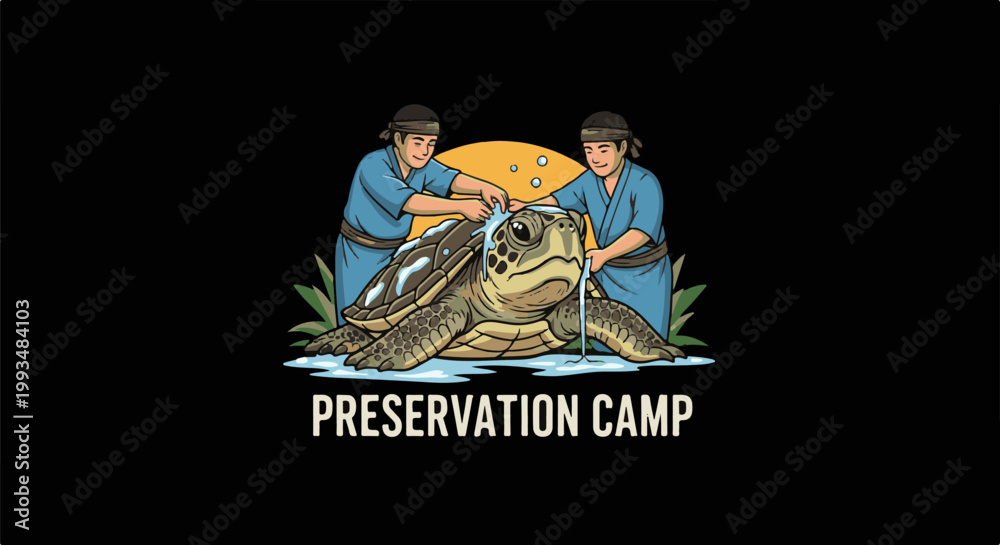 Obraz premium Two people caring for a sea turtle