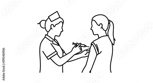 Nurse giving injection to patient, vaccination concept, line art illustration
