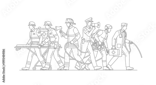 Diverse Emergency Responders Team Line Art - Medical, Firefighter, Police, Rescue