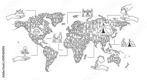 World Map People Crowd and Hands Helping Global Community