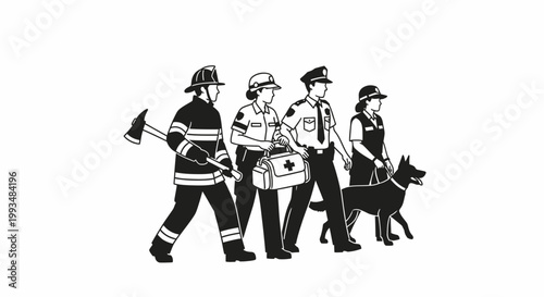 Diverse Emergency Responders Team Walking Together With K9 Unit