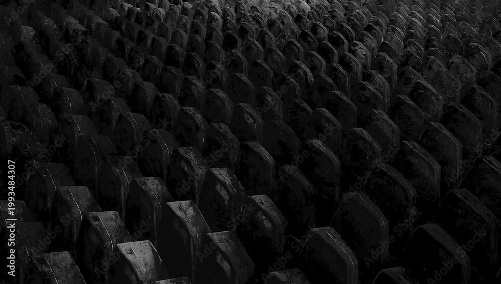 Obraz premium Aerial view of an intricate pattern of dark, textured rows resembling a series of aligned circular objects, creating a rhythmic composition