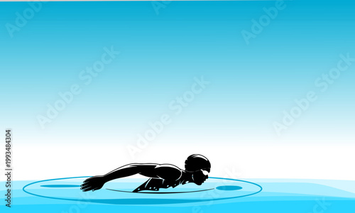 Black silhouette of a swimmer doing freestyle stroke in blue water with circular ripples, vector illustration of swimming sport and aquatic activity