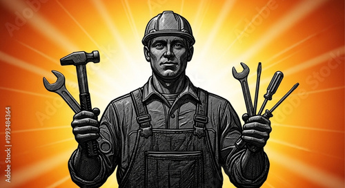 Construction worker holding tools ready for work.