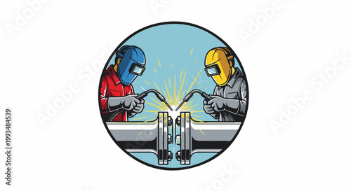 Two welders with masks and torches join pipes with sparks flying