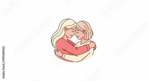 Two women embracing affectionately, with closed eyes and heads touching