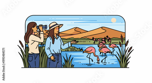 Two women observe flamingos in a watering hole with desert dunes and sky above