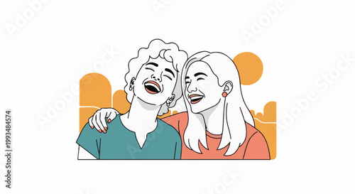 Two women joyfully embracing against an abstract orange landscape, conveying warmth and companionship