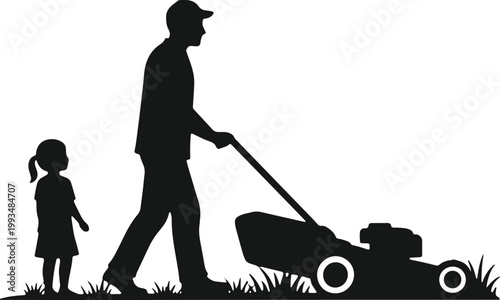 Father and daughter watch him mow lawn in silhouette.