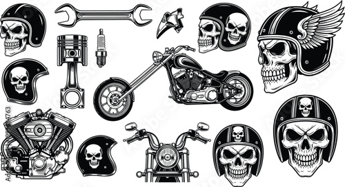 Vintage Biker Graphic Collection Featuring Skulls, Motorcycle Helmets, Chopper Bikes, Engines, and Mechanical Parts for Custom Garage Branding and Apparel Designs
