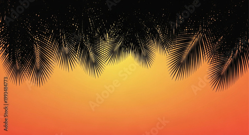 Dark Palm Fronds Silhouetted Against a Vibrant Sunset Sky.