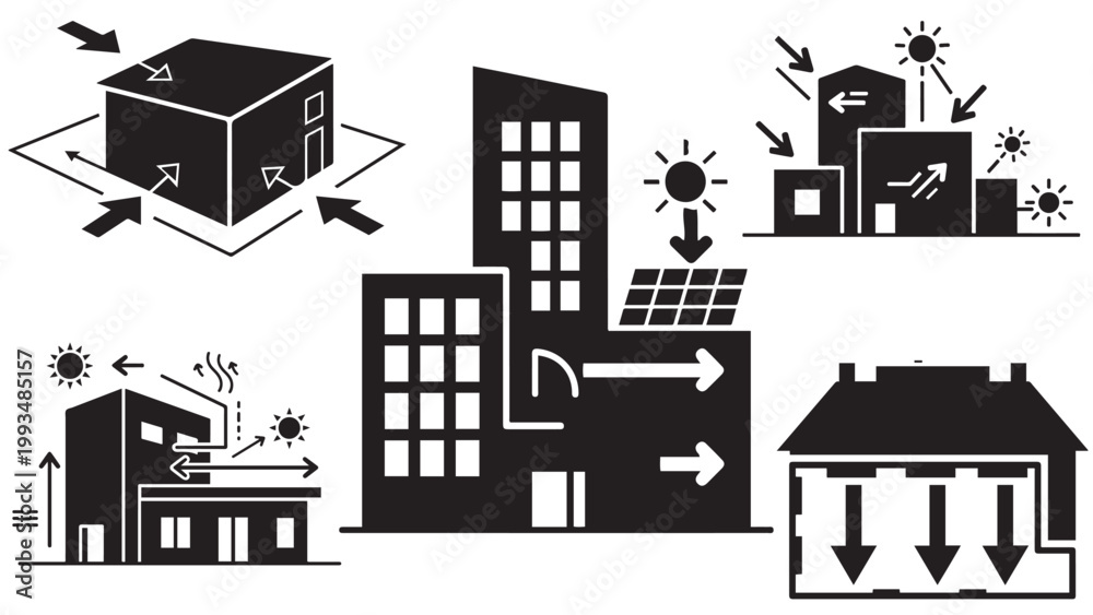 Naklejka premium Urban building energy efficiency concept with ventilation, solar power, arrows, and climate control icons
