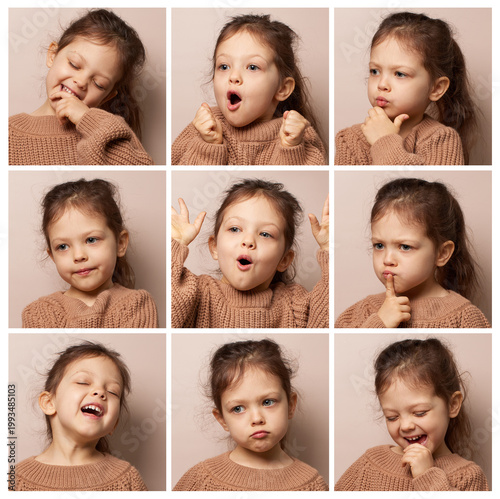 Konstfotografi little child girl showing a range of feelings from happiness to annoyance in a f