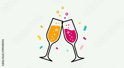 Two champagne flutes clinking, surrounded by colorful confetti and bubbles