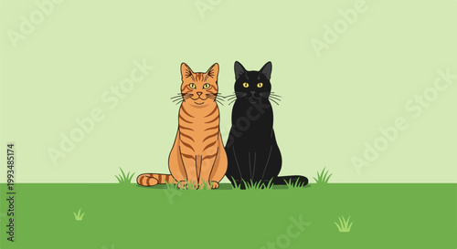 Two cats, one orange tabby and one black, sit side-by-side in a field of green grass under a light green sky