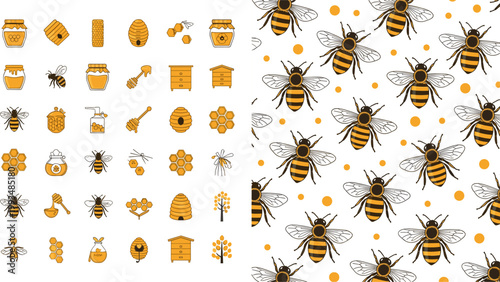 Golden Honey Bee Seamless Pattern and Beekeeping Icon Collection with Honeycomb Hive Jar Vector Illustration Set for Nature Design