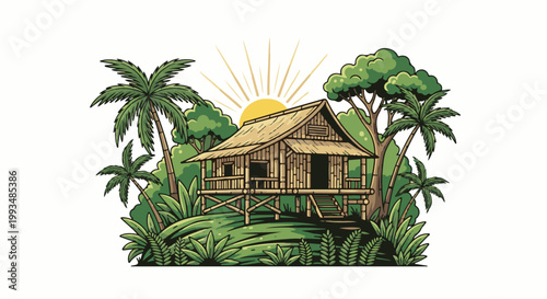 Tropical hut with sun and palm trees