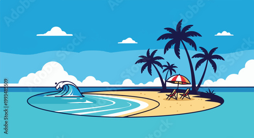 Tropical island paradise with palm trees, beach chairs, and a breaking wave