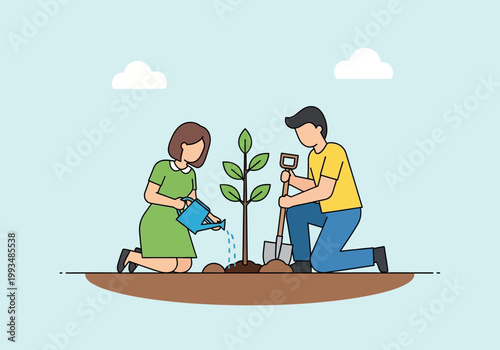 Couple planting tree sapling with shovel and water can in minimal flat style outdoors