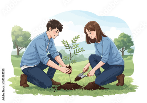 Couple planting small tree together outdoors in a simple natural landscape setting