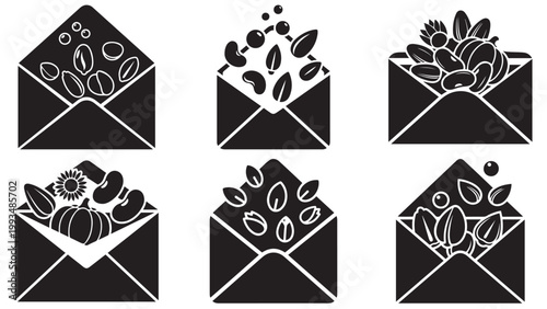 Collection Of Open Envelopes With Seeds And Flowers Isolated On Transparent Background